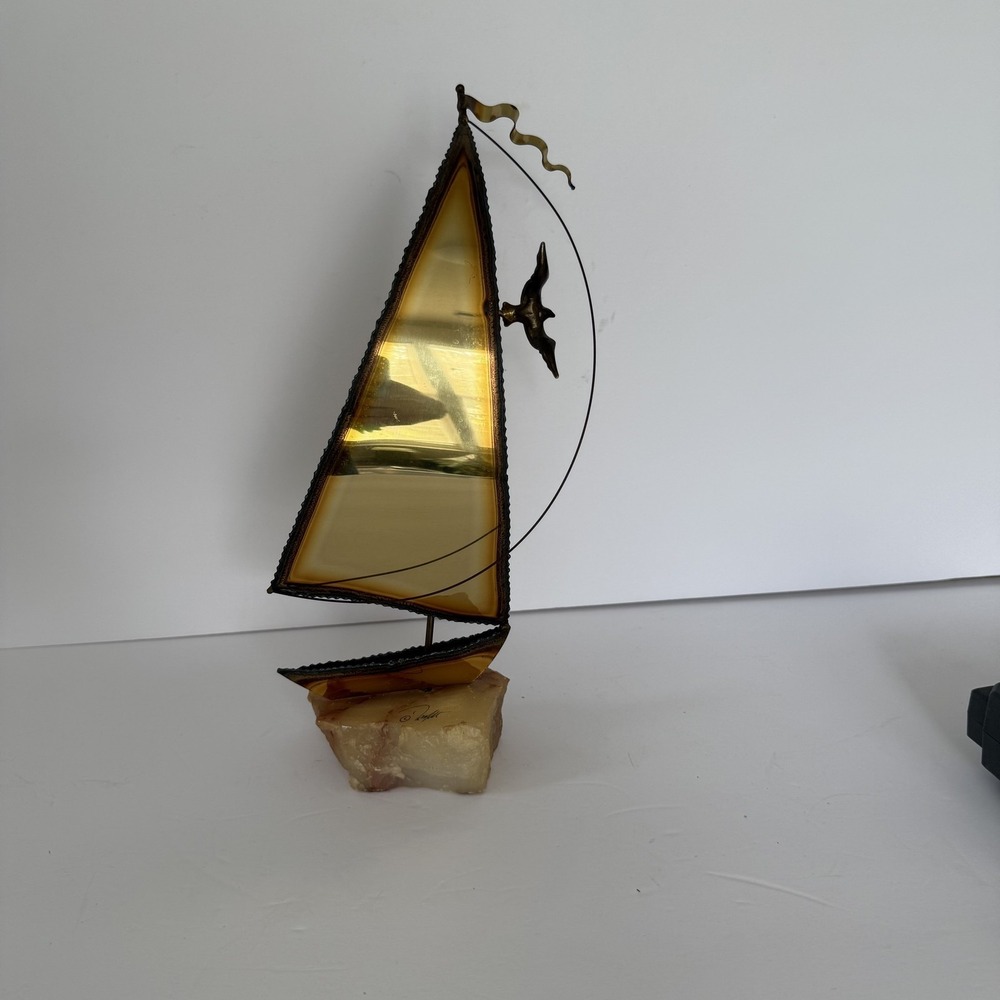 Vintage DeMott Sailboat Sculpture Brass Stone Base Signed Nautical Art Decor